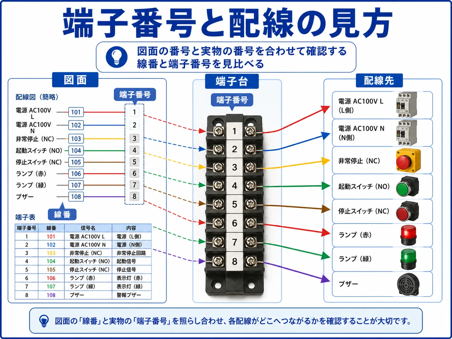 図面の端子番号と実物の端子台番号を照らし合わせるイメージ