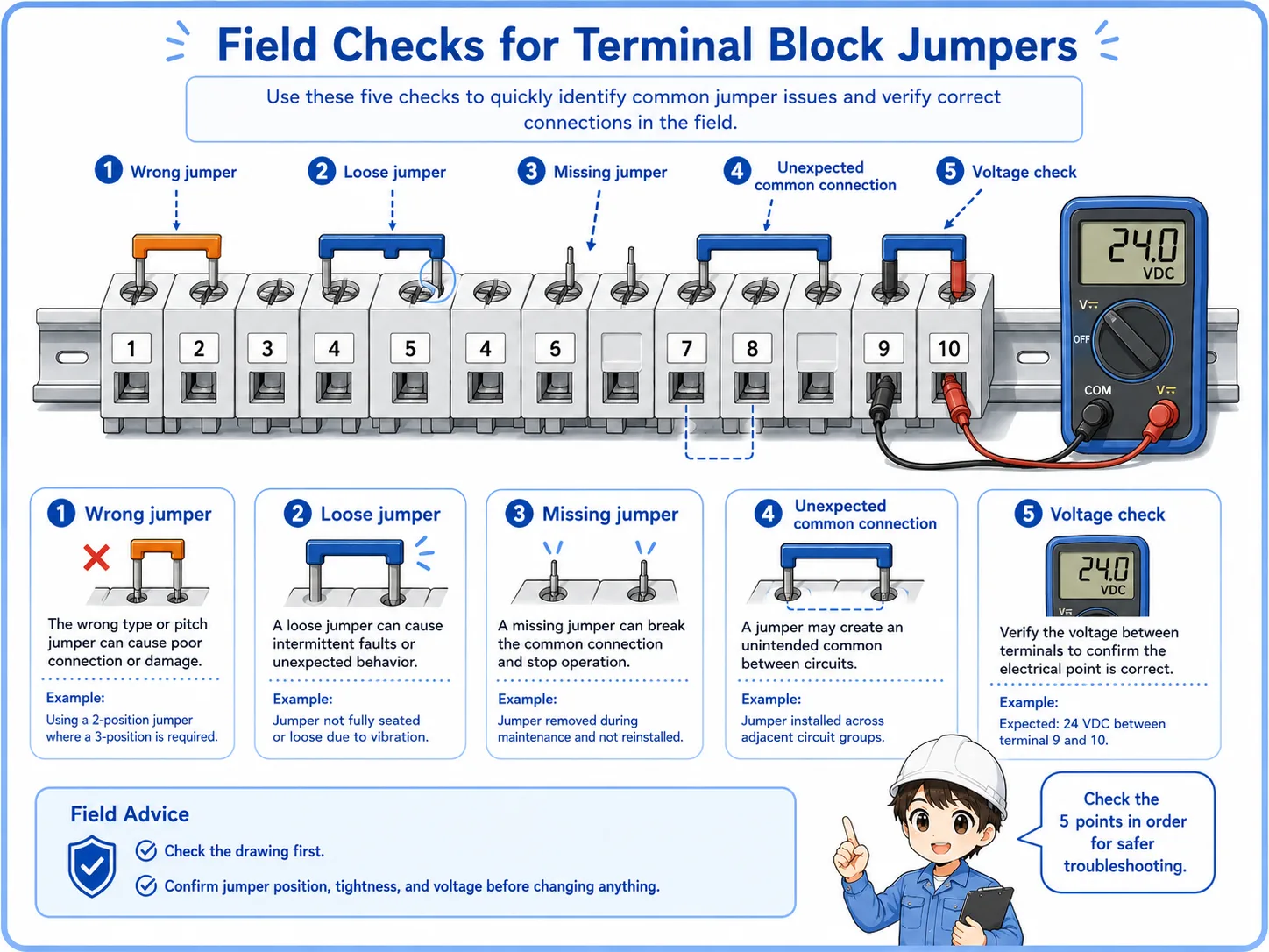 Field check flow for terminal block jumpers including wrong jumper, loose jumper, missing jumper, unexpected common connection, and voltage check