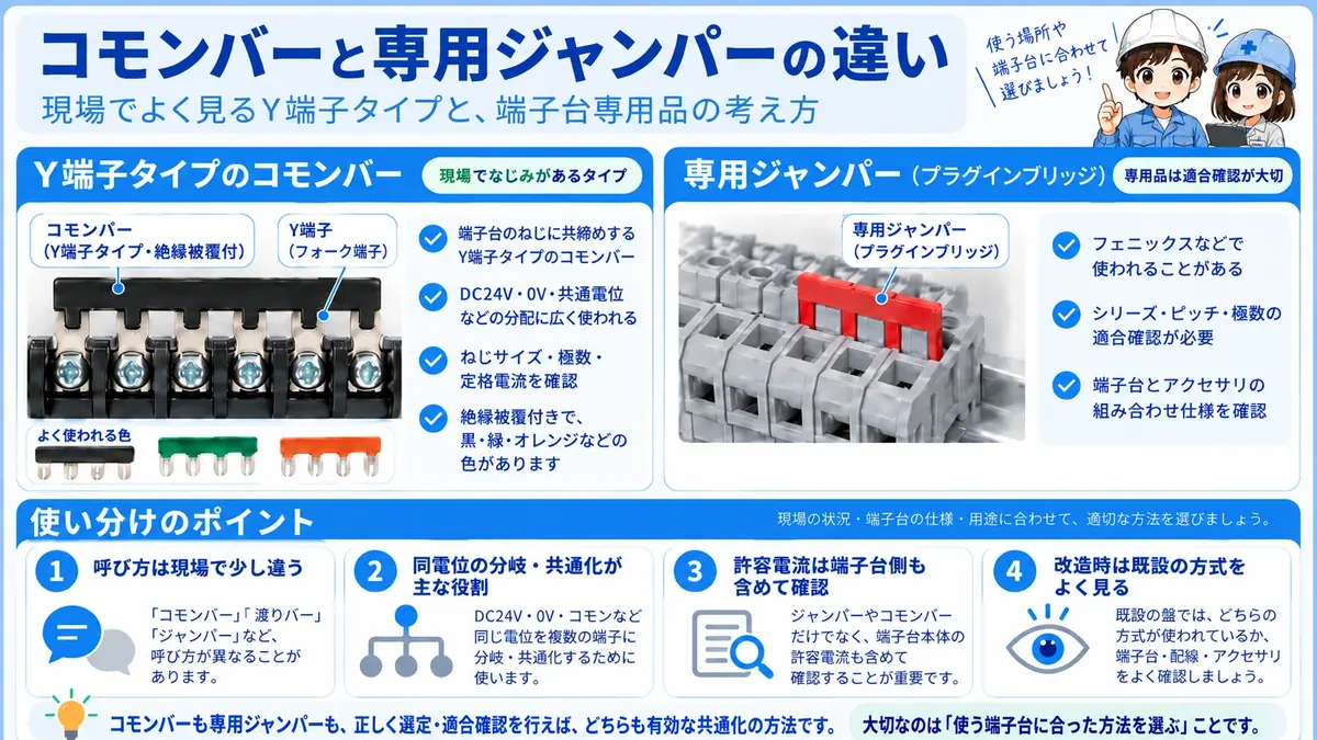 Y端子タイプの絶縁被覆付きコモンバーと、端子台専用ジャンパーの違いを比較した図