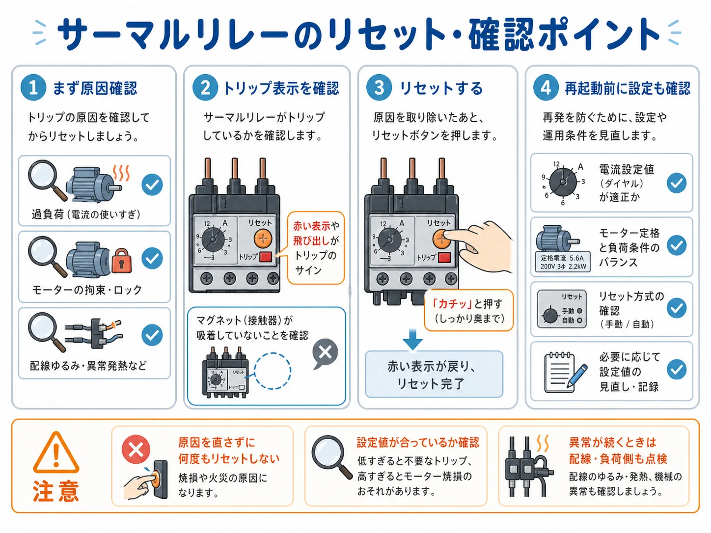 サーマルリレーのリセットと確認ポイント