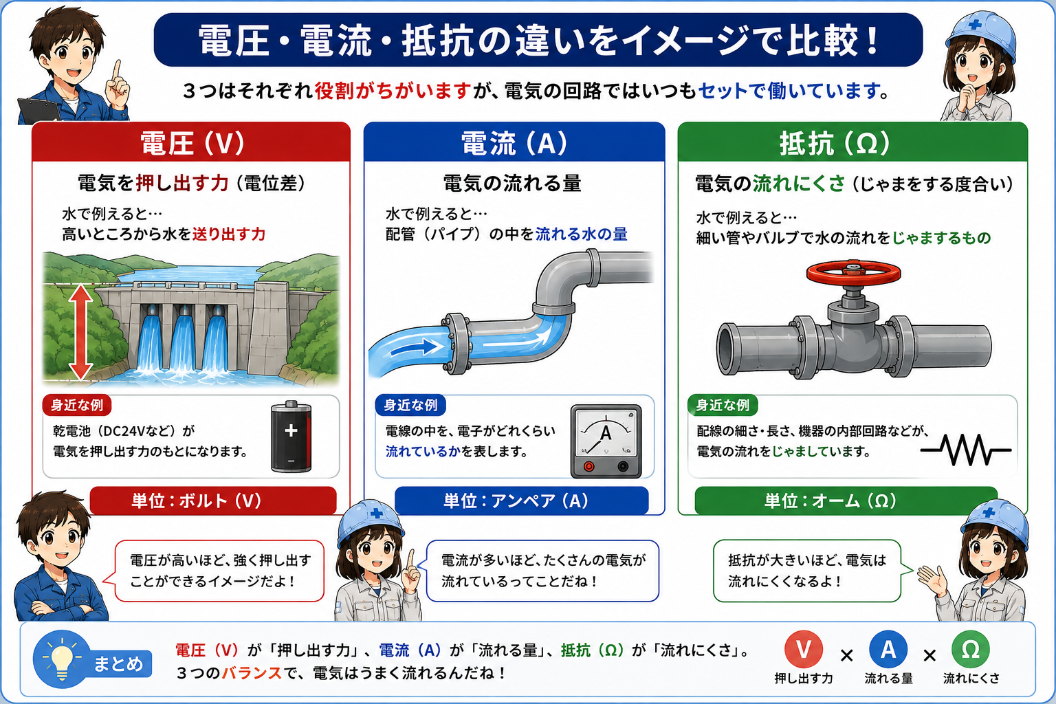 電圧、電流、抵抗の違いと関係を比較した図