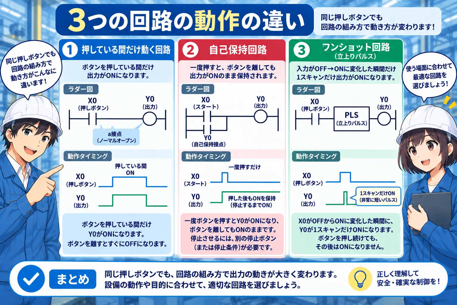 押している間だけ動く回路、自己保持回路、ワンショット回路の動作をラダー図とタイミングで比較した図