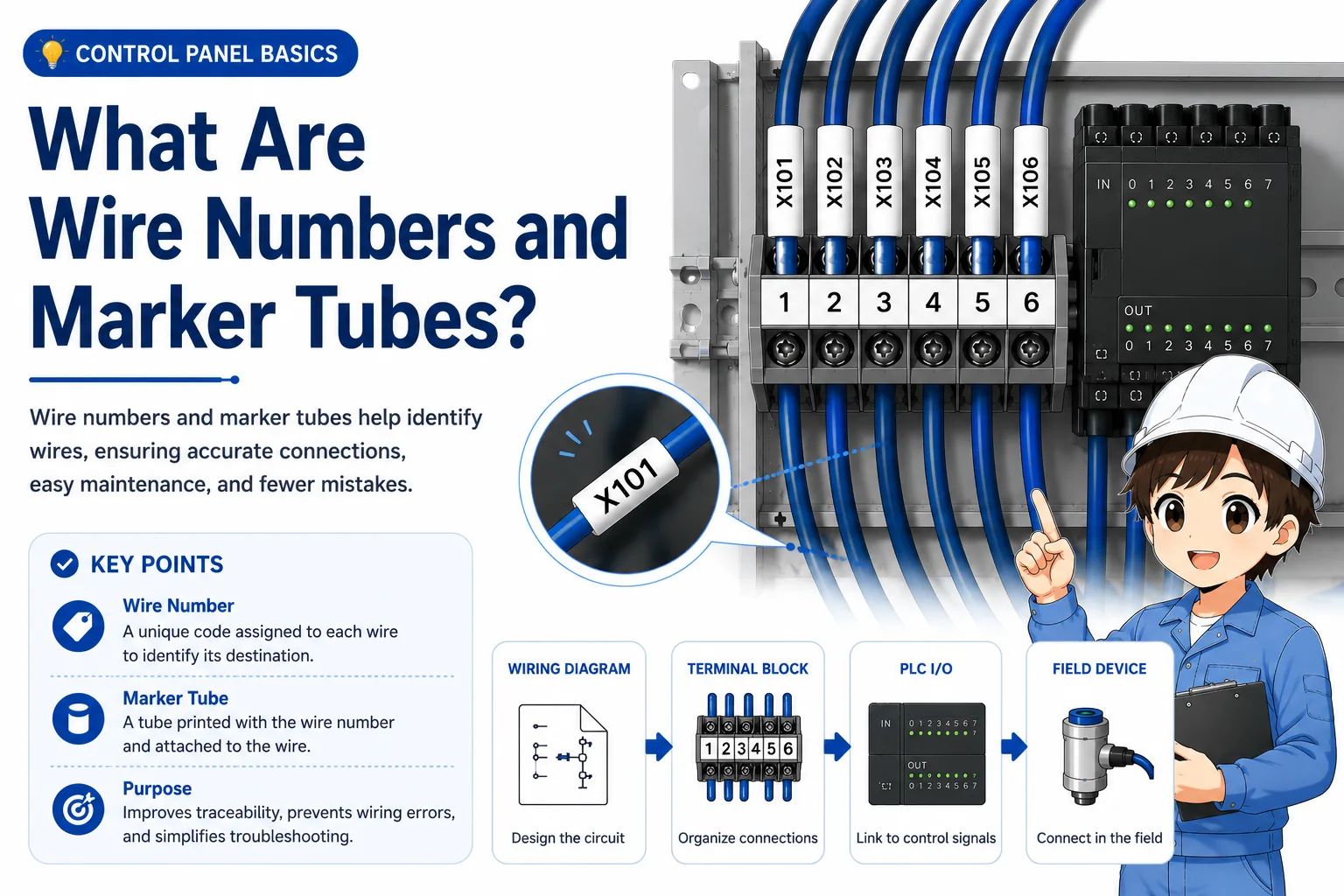Field check flow for wire numbers and marker tubes including missing, wrong, unreadable, and inconsistent markers